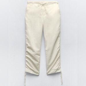 Zara Straight-Leg Viscose Pants, Mid-Rise, Elastic Waist, Ruched Hem, White, XL